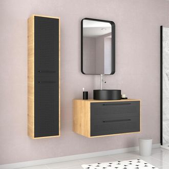 Aurlane Muebles De Ba&ntilde;o + Lavabo Redondo +espejo+ Columna-80x45x53- Roble Natural