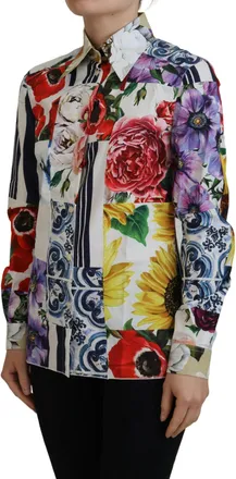 Dolce & Gabbana Womens Multicolor Floral Cotton Collared Blouse Top