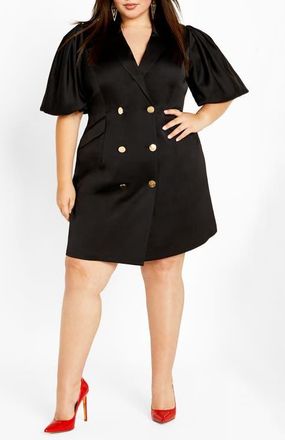 City Chic Julissa Short Sleeve Satin Blazer Dress in Black at Nordstrom