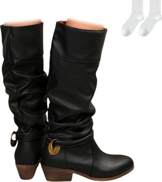Generic Womens Knee-High Boots with Buckle, Comfortable Boots with A 4.5 Cm Block Heel And Round Toe, Long Boots with A Wide Shaft in Large Sizes for Everyday