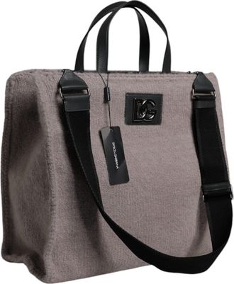 Dolce & Gabbana Mens Grey Alpaca Wool Logo Plaque Tote Shoulder Bag Gray