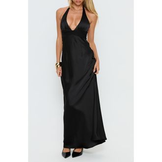 Princess Polly Odyssa Satin Halter Gown in Black at Nordstrom, Size 12