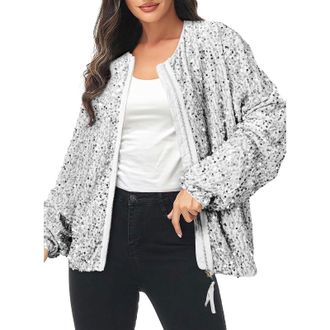 Generic Womens Sequins Blouse Shirt Tops Womens Sequin Jacket Sparkly Long Sleeve Open Front Zipper Coat Oufits for Party Daily Life (White, S)