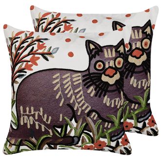 Beliani Conjunto De 2 Cojines De Algod&oacute;n Blanco Negro Marr&oacute;n 50 X 50 Cm Gato Phusro