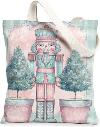 Generic Nutcracker Peach Canvas Tote Bags, Vintage Holiday Design Reusable Grocery Bags, Lightweight Washable Shoulder Strap Canvas, Peach, 13x15 Inch