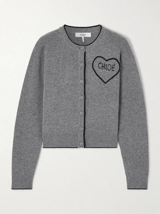 Chloé Cardigan In Misto Lana E Cashmere Con Logo Ricamato - Grigio