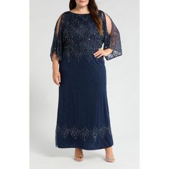 Pisarro Nights Beaded Cold Shoulder Blouson Gown in Navy 410 at Nordstrom, Size 14W