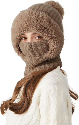 Feoya Knitted Thermal Balaclava Multifunctional Winter Fleece Hat with Neck and Face Cover Windproof Warm Beanie Cap with Hairball Brown