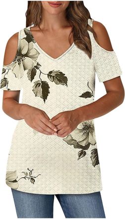 Generic Trendy Cold Shoulder Tops for Women UK Summer Short Sleeve V Neck Hollow Out Eyelet T-Shirt Funny Striped Floral Print Blouse 2025 Casual Lightweight 