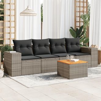 vidaXL Juego De Sof&aacute;s Jard&iacute;n Con Cojines 5 Pzas Rat&aacute;n Sint&eacute;tico Gris Vidaxl