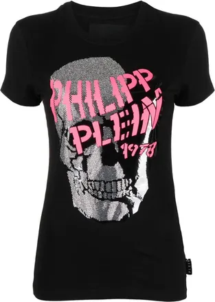 Philipp Plein Skull Strass V-neck T-shirt - women - Glass Fiber/Cotton - S - Black