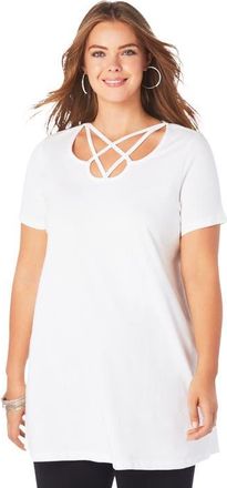 Roaman's Ultimate Lattice Neck Short Sleeve Tunic in White at Nordstrom, Size 16