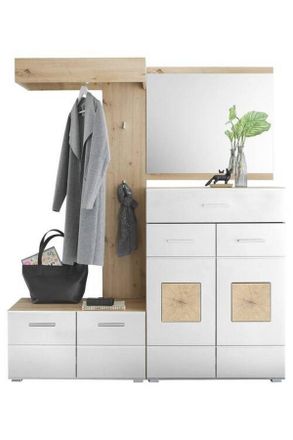 home24 Garderobe, Weiß, Eiche Artisan, Holzwerkstoff, 4-teilig, 160x195x40 cm, Made in EU, Garderobe, Garderoben-Sets & Garderoben-Serien