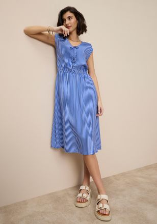 Tamaris Midikleid TAMARIS, Damen, Gr. 34, N-Gr, blau, wei&szlig; gestreift, Web, Obermaterial: 100% Viskose, gestreift, figurumspielend wadenlang, V-Ausschnitt, ang