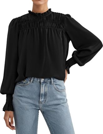 PrettyGarden Blouses for Women Dressy Casual Fall Outfits 2025 Frill Neck Long Sleeve Shirts Satin Work Business Casual Tops, Black, XL