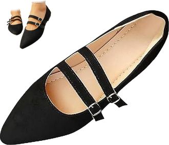 Generic Womens Double Strap Mary Jane Flats, Comfortable Suede Leopard Print Point Toe Slip on Ballet Flats for Work Dressy (Black,6.5)