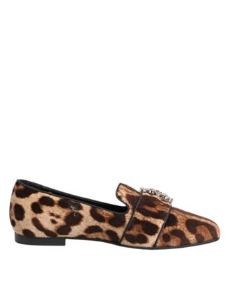 Dolce & Gabbana Brown Leopard Print Crystals Loafers Flats Womens Shoes