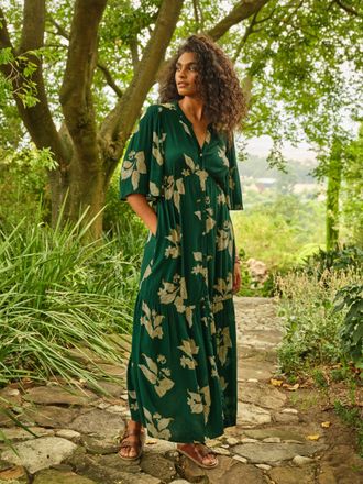 Fat Face FatFace Paige Green Tonal Leaves Regular Midi Dress