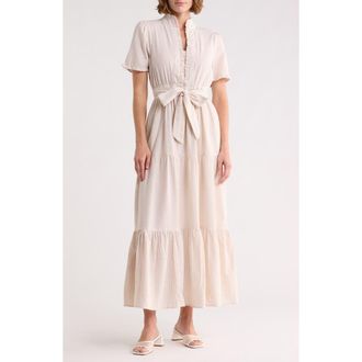London Times Stripe Short Sleeve Cotton Seersucker Maxi Dress in Ivory Cream/White at Nordstrom Rack, Size 16