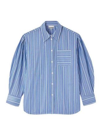 Ganni Stripe Cotton Pleated Sleeve Shirt
