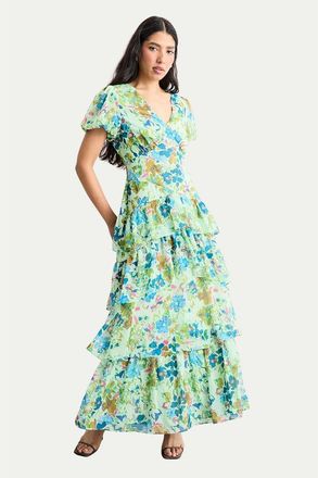 Warehouse Waist Puff Sleeve Tiered Midi Dress in Green at Nordstrom, Size 10