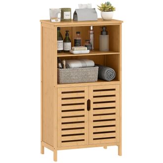 OEM Mueble Auxiliar De Ba&ntilde;o De Bamb&uacute; Mueble De Ba&ntilde;o Con 2 Puertas 2 Estantes Abiertos Y Patas Elevadas 50x29x92 Cm Natural