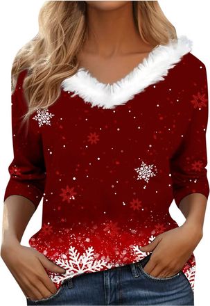 Generic Christmas Sweatshirts for Women UK Ladies Tops Xmas Jumpers Furry V Neck 3/4 Sleeve Shirts Xmas Tree Snowflake Wine Glasses Graphic Tees Casual Holida