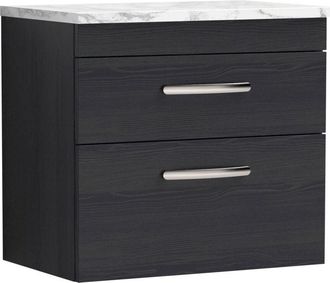 Nuie Nuie Athena Wall Hung 2-Drawer Vanity Unit with Carrera Marble Worktop 600mm Wide - Charcoal Black Woodgrain