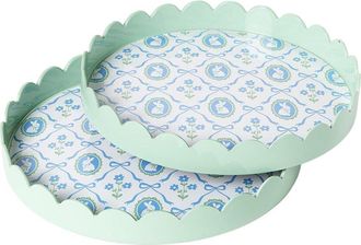 Two's Company Bunnies & Bows Set Of 2 Round Scalloped Edge Decorative Trays