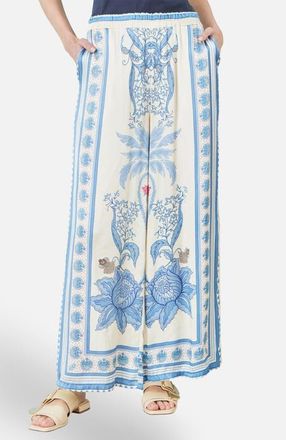 Yumi Satin Print Placement Relaxed Trousers in Blue at Nordstrom, Size Medium