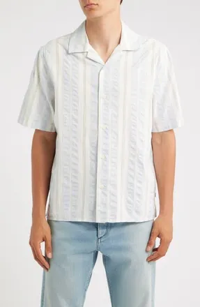 Wax London Didicot Stripe Cotton Seersucker Camp Shirt in Ecru/light Blue at Nordstrom, Size Xx-Large