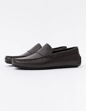 HUGO BOSS Mens BOSS Orange Noel Mens Tumbled-Leather Loafers with Driver Sole - Dark Brown 201 - Size: 12