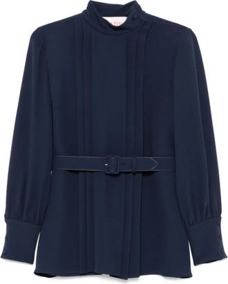 Valentino Indigo Blauwe Blouse met Riem en Plooien - Dames - Blouses - Blauw - L - Leer - Overhemden