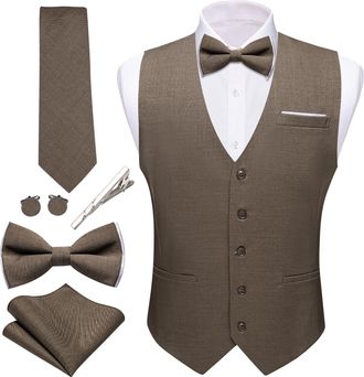 Barry.Wang Mens Suit Vest Linen Formal/Casual V-neck Waistcoat Tie Bow Tie Set Solid Color 6PC Wedding Party Tuxedo, Dark Khaki, X-Large