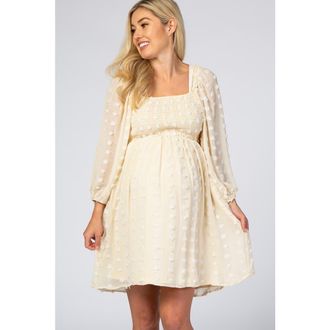 Pinkblush Textured Dot Smocked Square Neck Chiffon Dress in Beige at Nordstrom, Size Medium