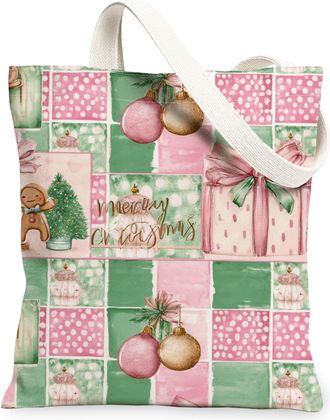 Generic Christmas Fanciful Canvas Tote Bags, Festive Pattern Reusable Grocery Bags, Vintage Lightweight Washable Canvas for Travel, Peach, 13x15 Inch