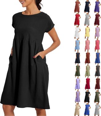 Generic Midi Dresses for Women UK Summer Dresses for Women UK Summer Black Holiday Sun Dress with Pockets Linen Cotton Sleeveless Plus Size Beach Dress Casual