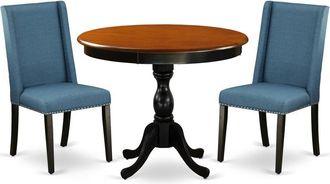 East West Furniture 3-Pc Dinning Room Set Includes a Wood Kitchen Table and 2 Blue Linen Fabric Dinning Chairs with High Back - Black Finish