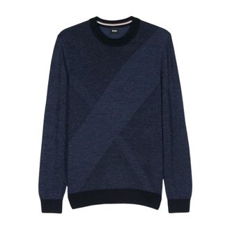 HUGO BOSS Round-neck Knitwear, male, Blue, 2XL, Blue Jacquard Wool Jumper