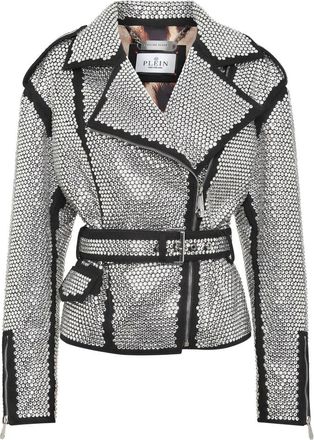 Philipp Plein Oversized Bikerjack - Dames - Leren en Su&egrave;de Jassen - Grijs - M - Leer - Jassen