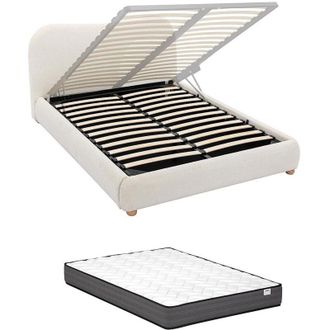 Vente-Unique Letto con contenitore 160 x 200 cm Tessuto bouclette Bianco + Materasso - VANARI