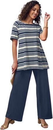 Jessica London Stretch Knit Boatneck Swing Tunic in Navy Mixed Stripe at Nordstrom, Size Medium