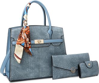 Generic Women Top Handle Crossbody Bag Crocodile Pattern Leather Purse Handbag Ladies Satchel Totes with Clutch 3PCS Set (Blue)