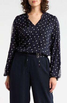 Adrianna Papell Ruffle Neck Top in Navy/Ivory Timeless Dot at Nordstrom Rack, Size X-Large