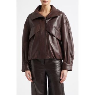 Nour Hammour Roland Sculpted Leather Bomber Jacket in Brown at Nordstrom, Size X-Small