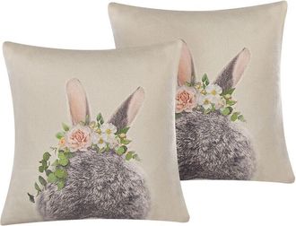 Beliani Beliani - Conjunto De 2 Cojines Decorativos Cuadrados De Algod&oacute;n Gris Pardo Con Estampado 45 X 45 Cm Conejo De Pascua Fatsia