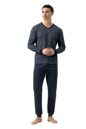 Mey Schlafanzug MEY Bennison, Herren, Gr. 50, blau (yacht blau), Feinstrick, Obermaterial: 48% Schurwolle, 48% Polyester, 4% Elasthan, bequem lang, V-Auss