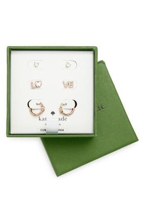 Kate Spade New York spell it out 3-pack studs and huggie hoop earrings in Clear/Rose Gold at Nordstrom Rack