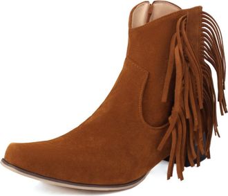 Generic Womens Western Ankle Boots Suede-Like Fringe Detail Pointed Toe Block Heels Side Zip Animal Print Stylish Durable Comfortable Design,Brown,9.5 UK