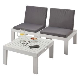 Dmora Sal&oacute;n De Jard&iacute;n Cervia, Conjunto De Jard&iacute;n De 2 Asientos Con Respaldo Y 1 M&oacute;dulo Multifunci&oacute;n, Zona De Estar Con Cojines, 100% Made In Italy, Blanco, 